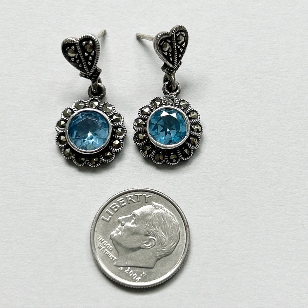 Vintage Blue Topaz Marcasite Dangling Flower Signed Sterling Silver Earrings - Picture 12 of 12